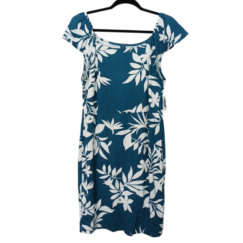 Old Navy NWT Teal and White Leaf Print Midi Sheath Dress Size Large